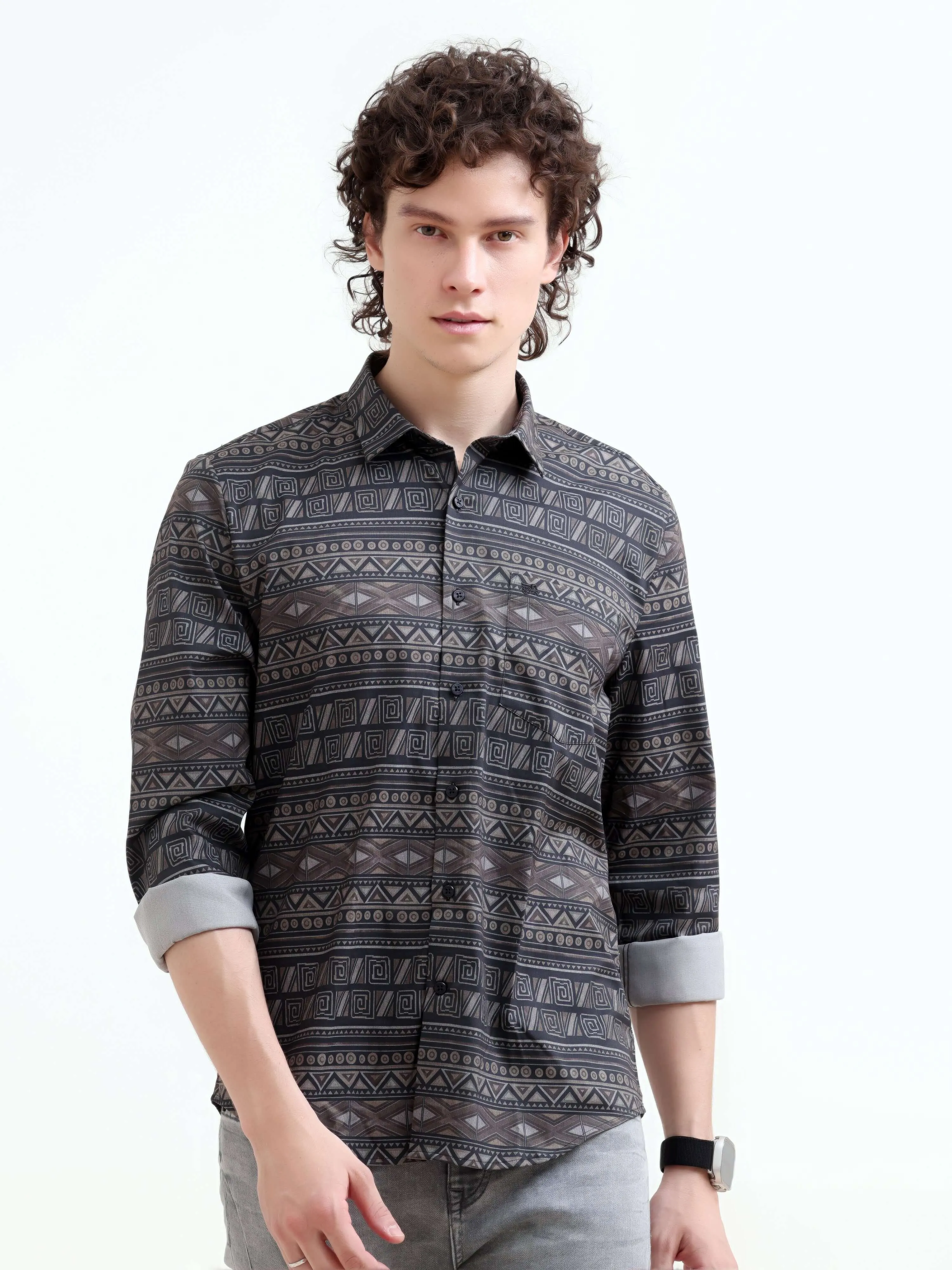 Dusky black trib geometric printed shirt