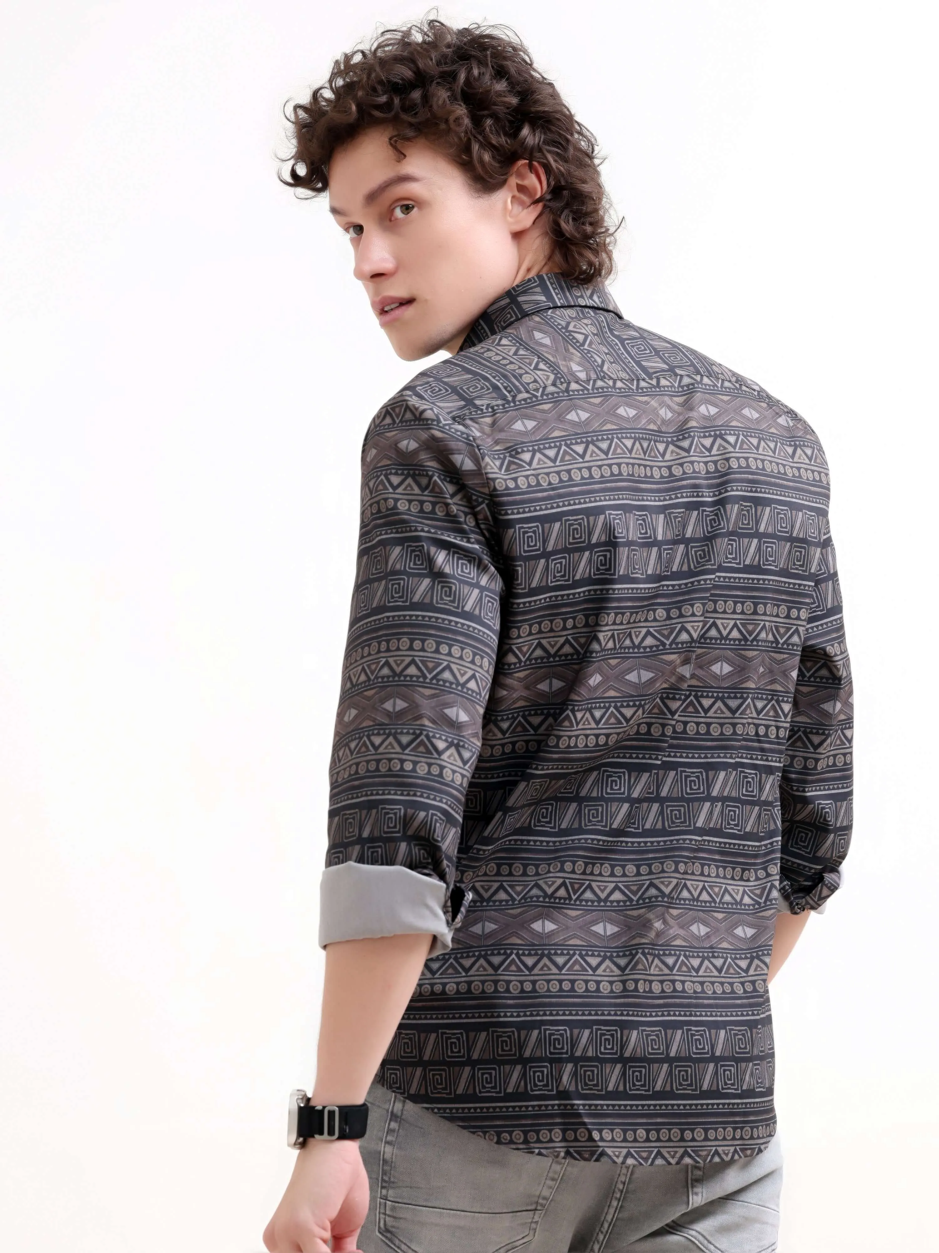 Dusky black trib geometric printed shirt