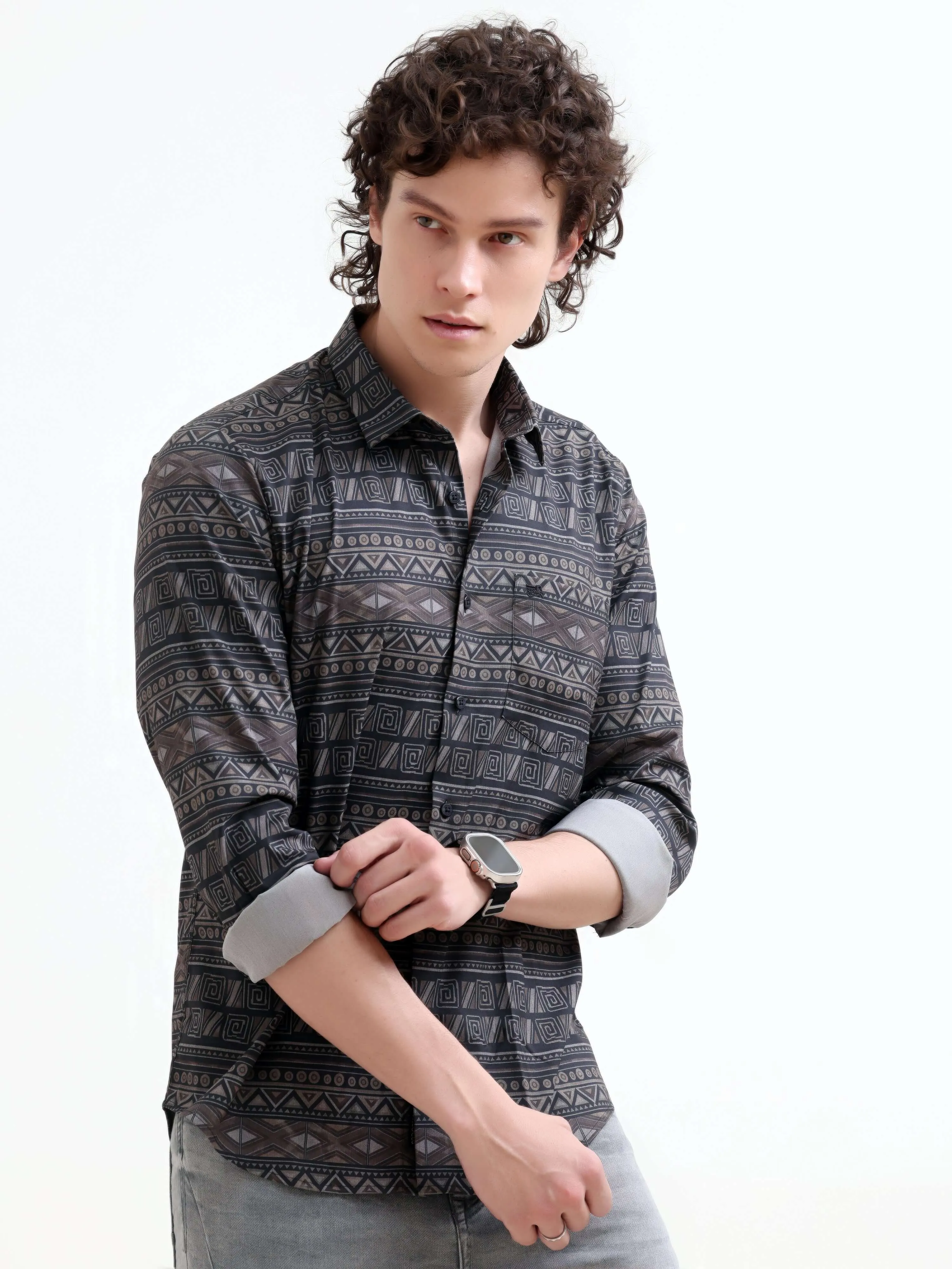 Dusky black trib geometric printed shirt