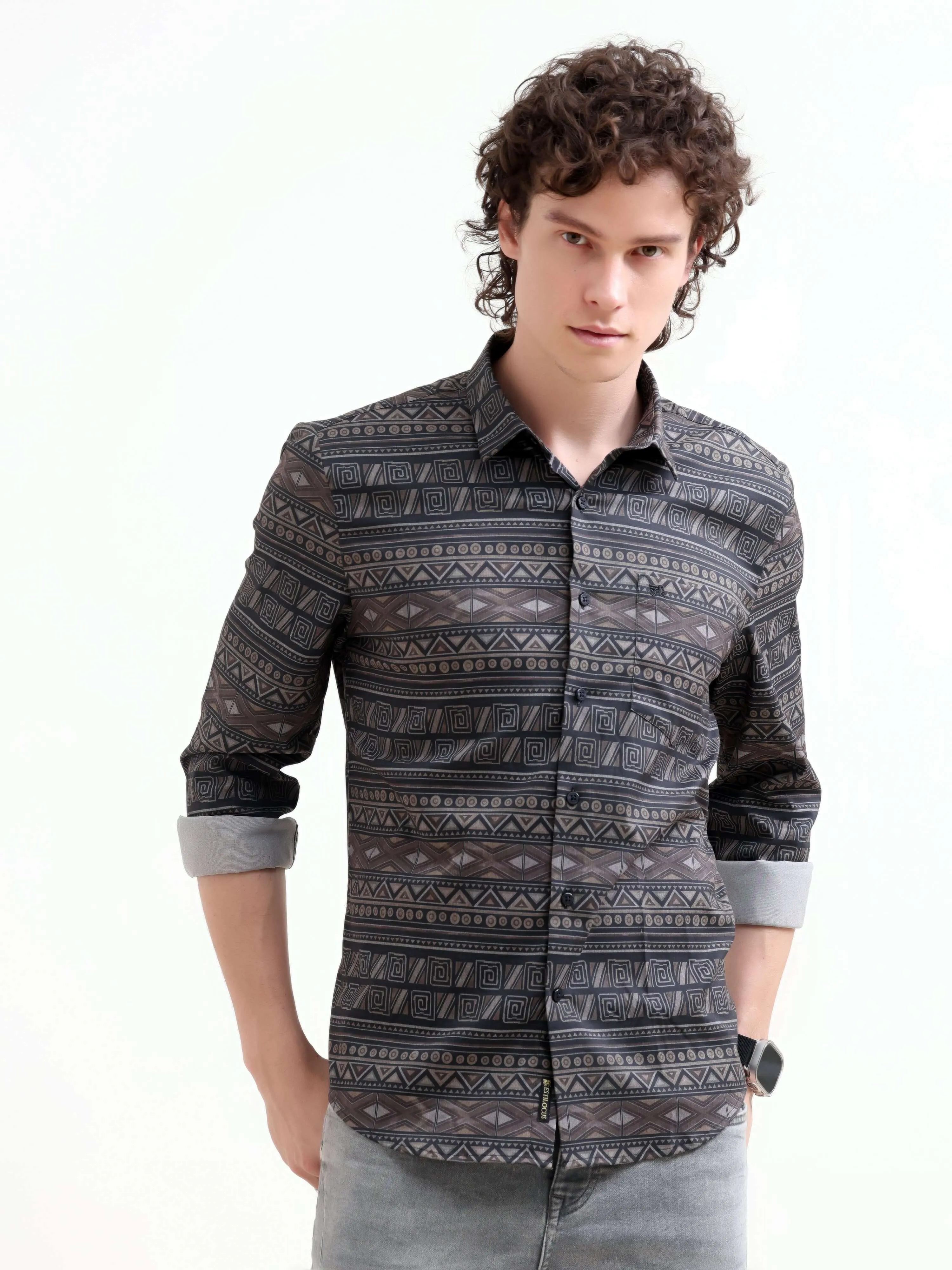 Dusky black trib geometric printed shirt