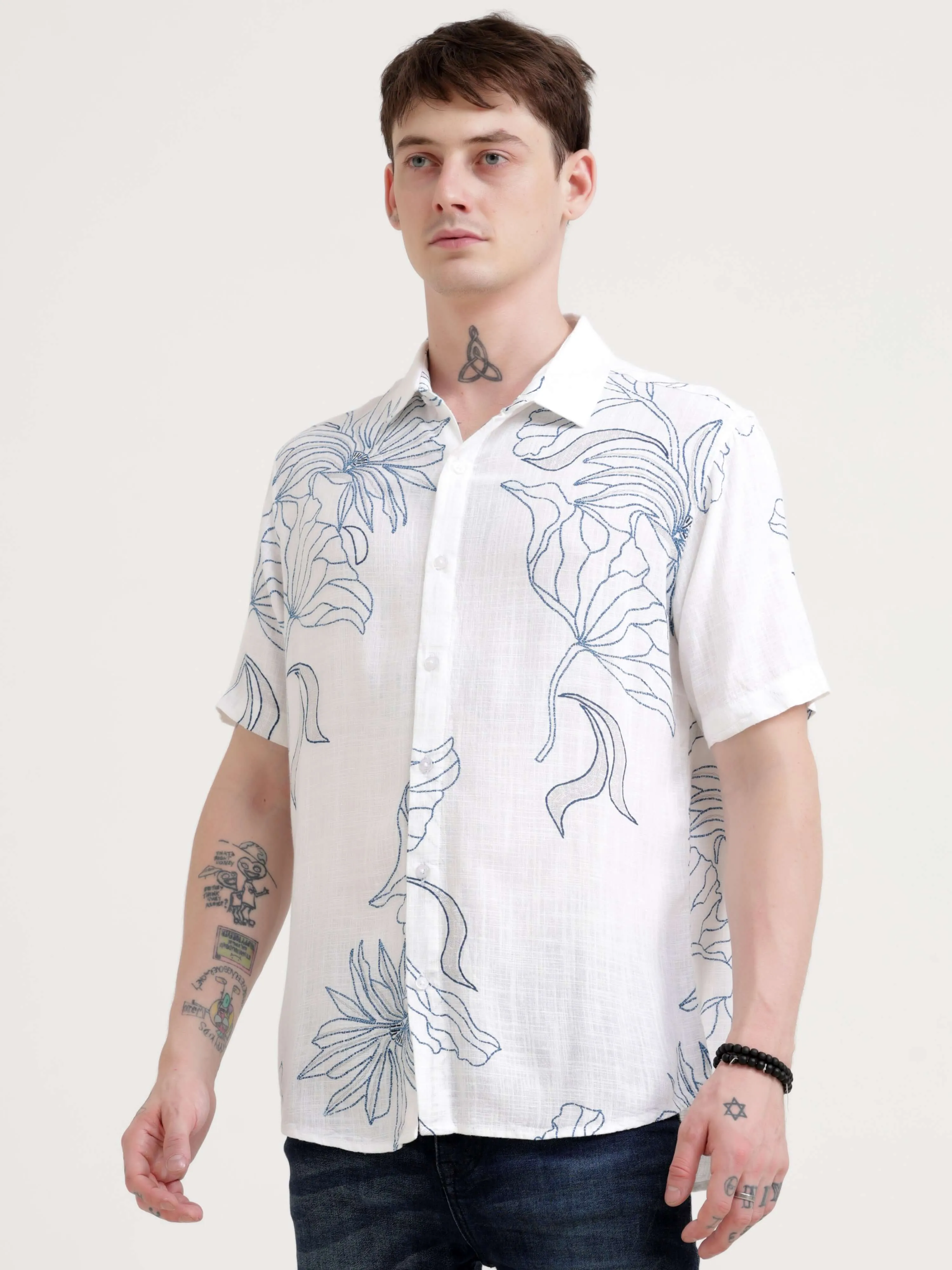 Floral printed blue half sleeve shirt