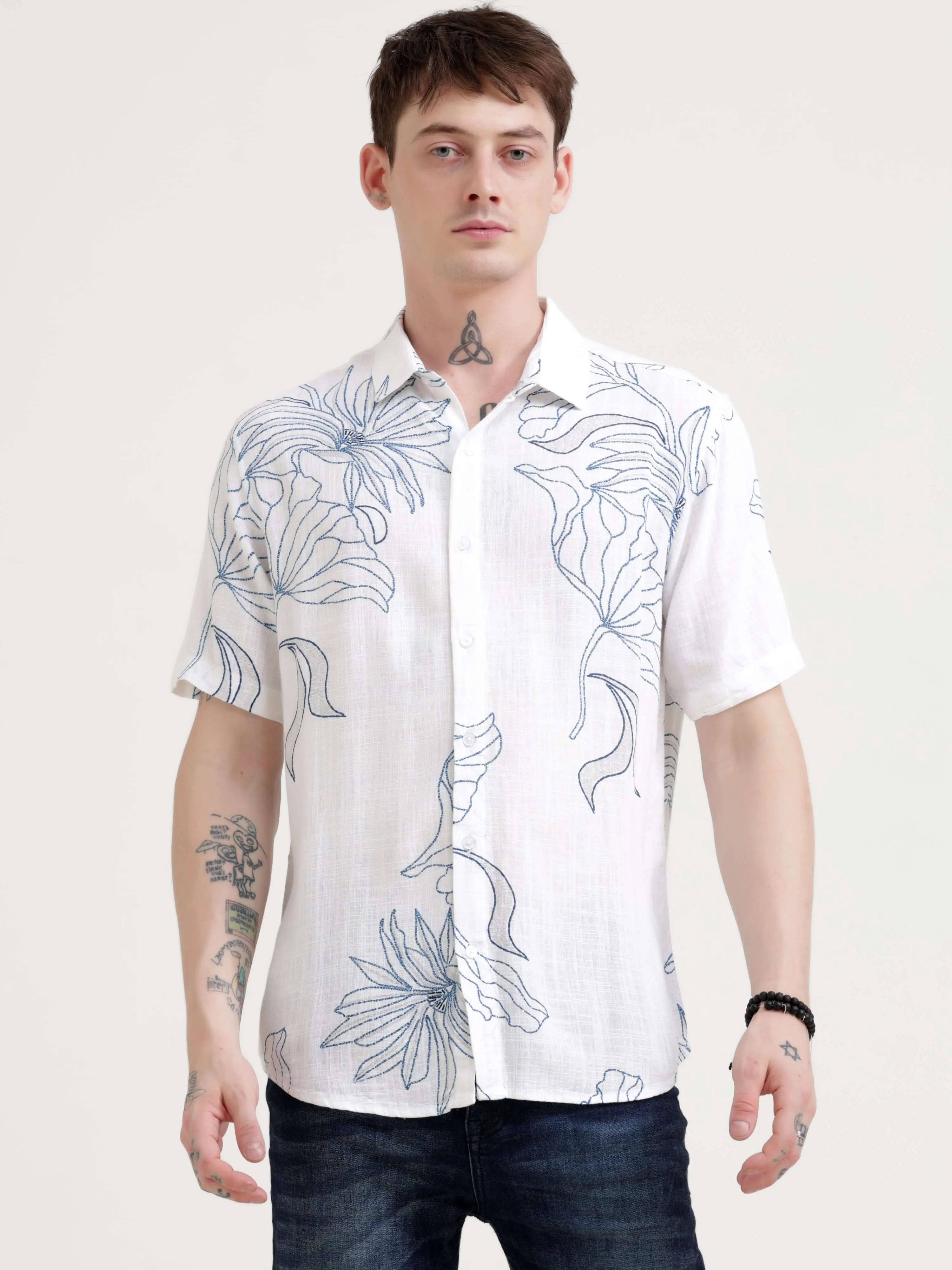 Floral printed blue half sleeve shirt