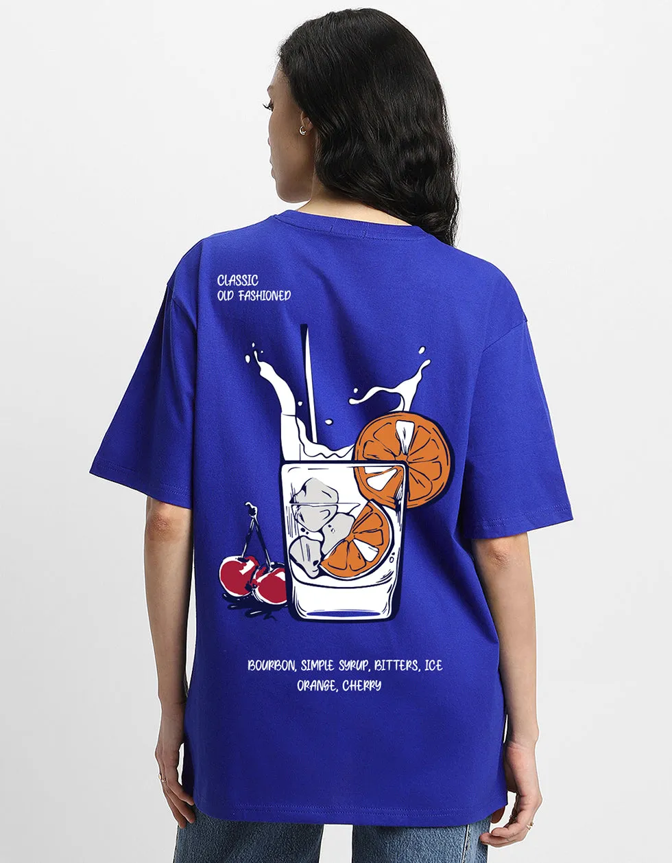 GLASS OF MILK Women Blue Oversized Back Printed Tshirts