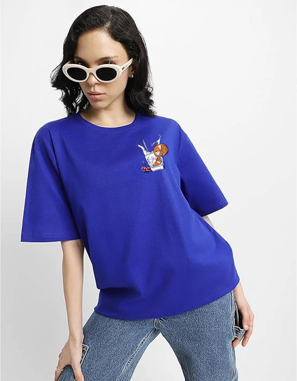 GLASS OF MILK Women Blue Oversized Back Printed Tshirts