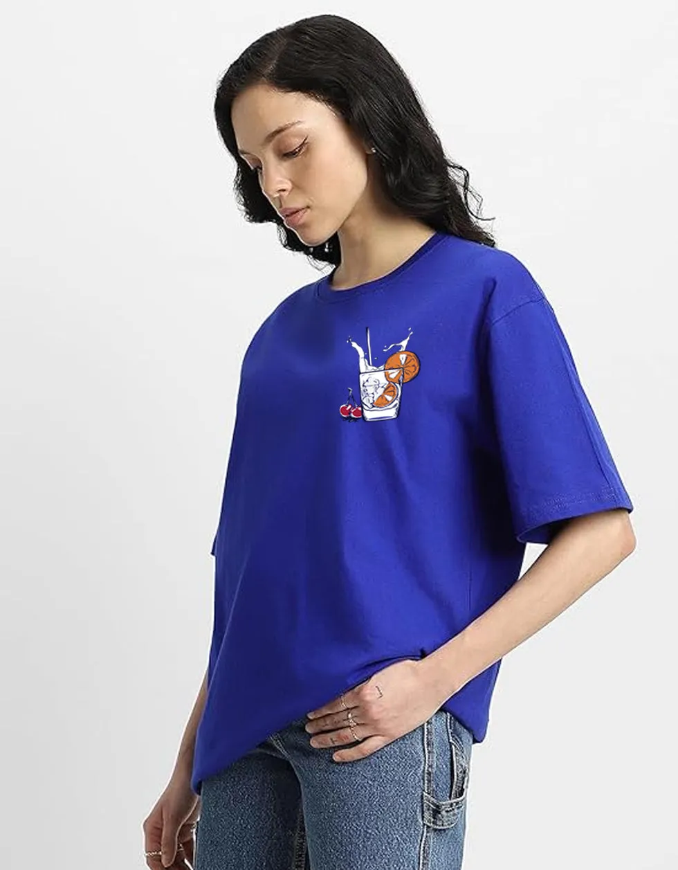 GLASS OF MILK Women Blue Oversized Back Printed Tshirts