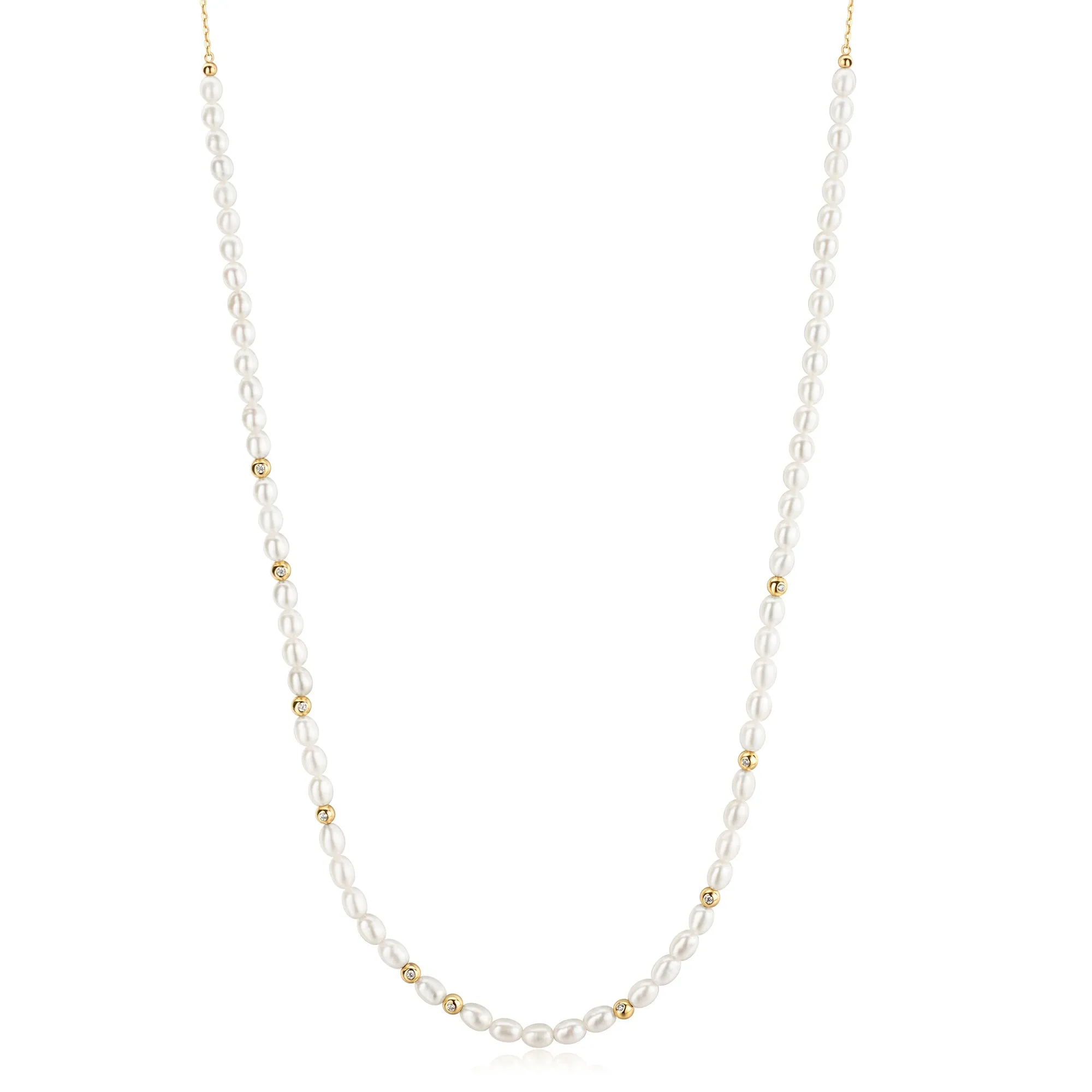 Gold Freshwater Pearl and White Cubic Zirconia Bezel Set Slider Necklace