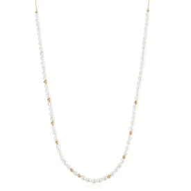 Gold Freshwater Pearl and White Cubic Zirconia Bezel Set Slider Necklace