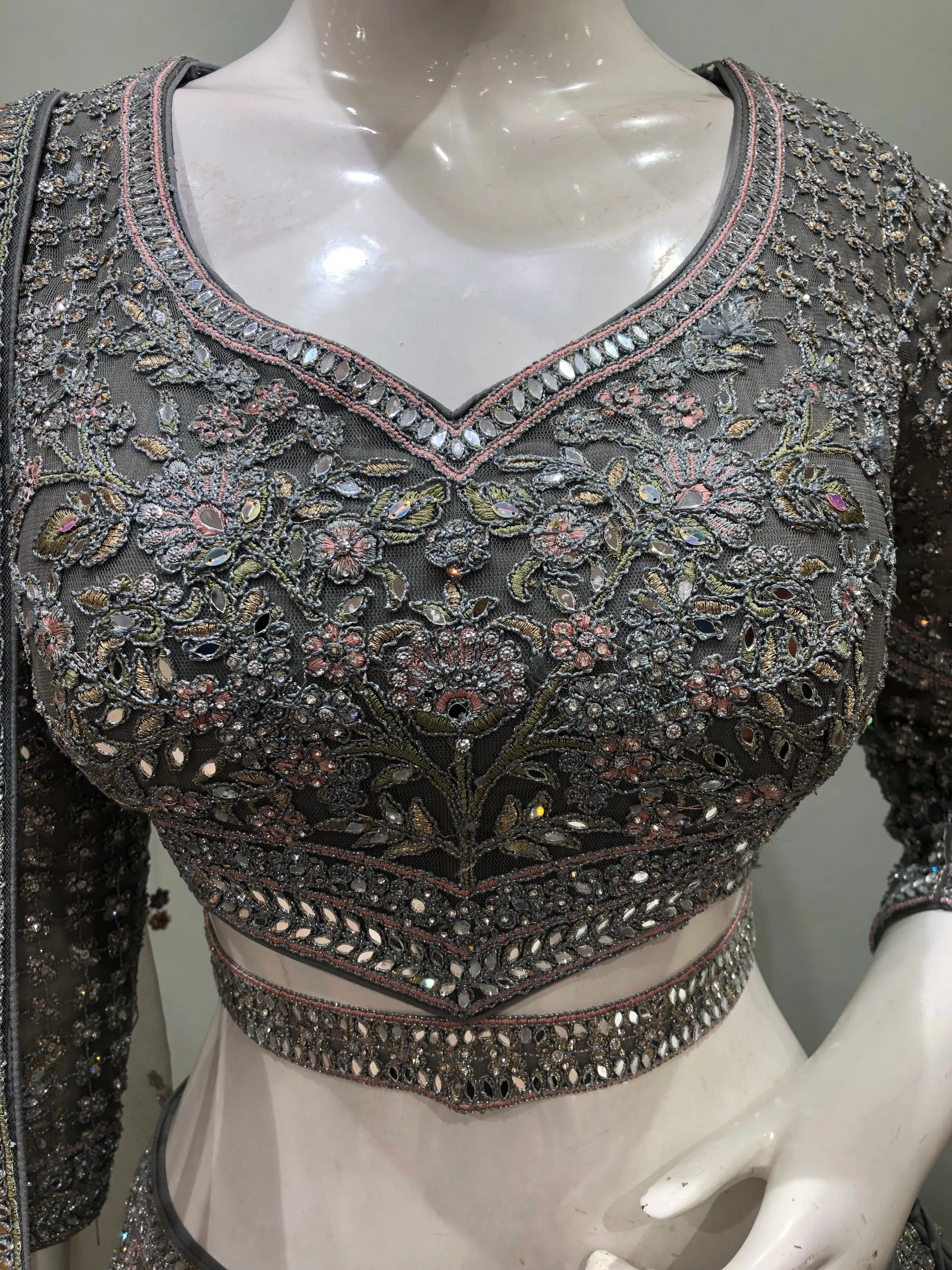 Gray Net Lehenga With Multi Dori And Mirror work