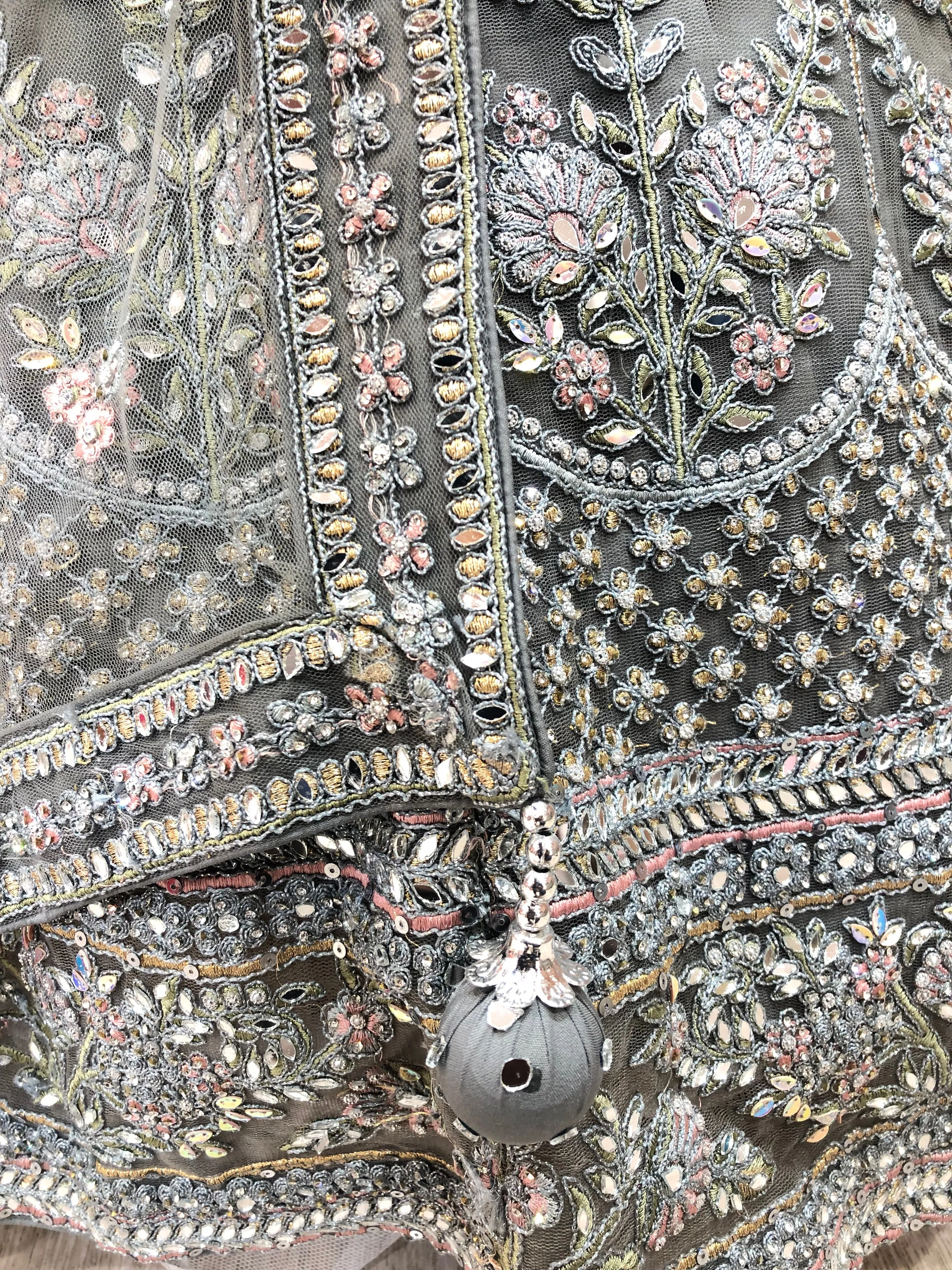 Gray Net Lehenga With Multi Dori And Mirror work