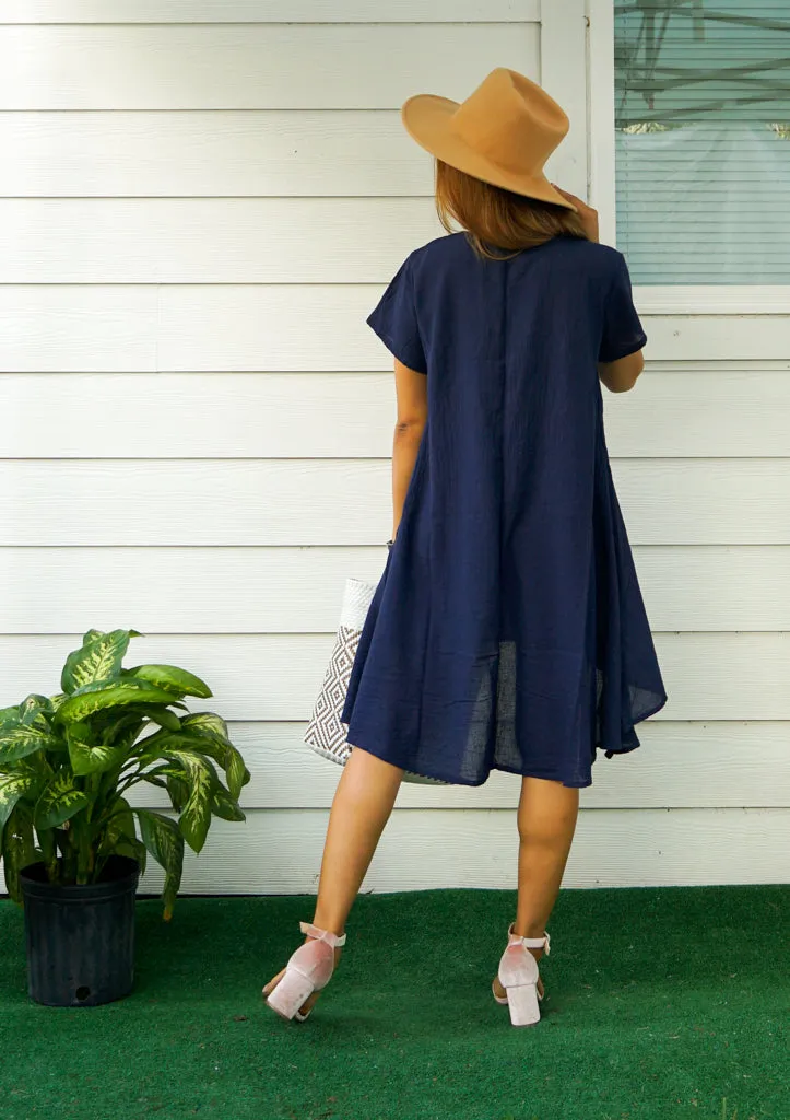 Indigo Blue Raw Natural Cotton Gauze Asymmetrical Maxi Dress