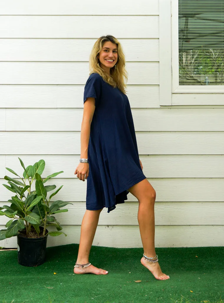 Indigo Blue Raw Natural Cotton Gauze Asymmetrical Maxi Dress