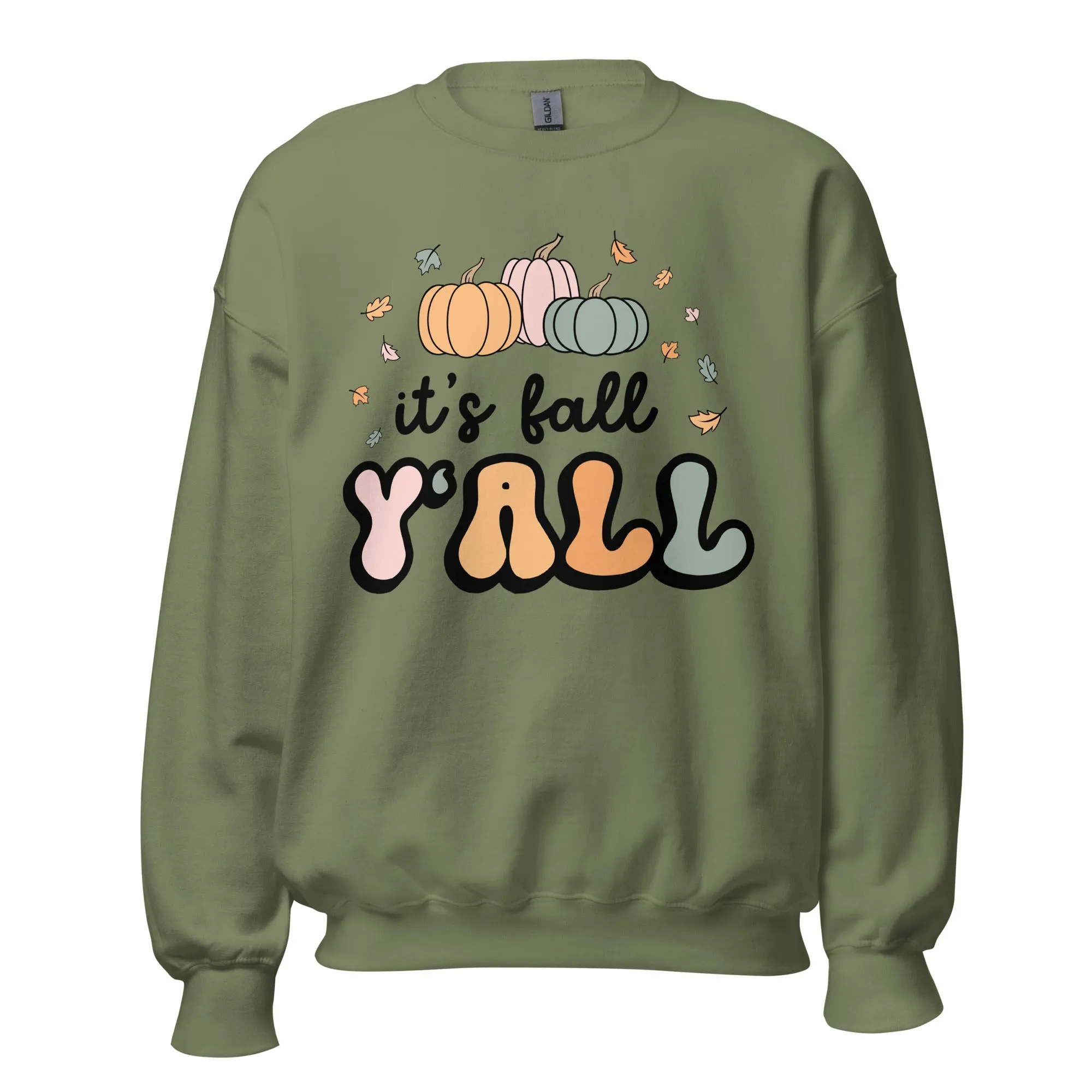 'It's Fall Y'all' teacher sweatshirt in white, green, pink and tan