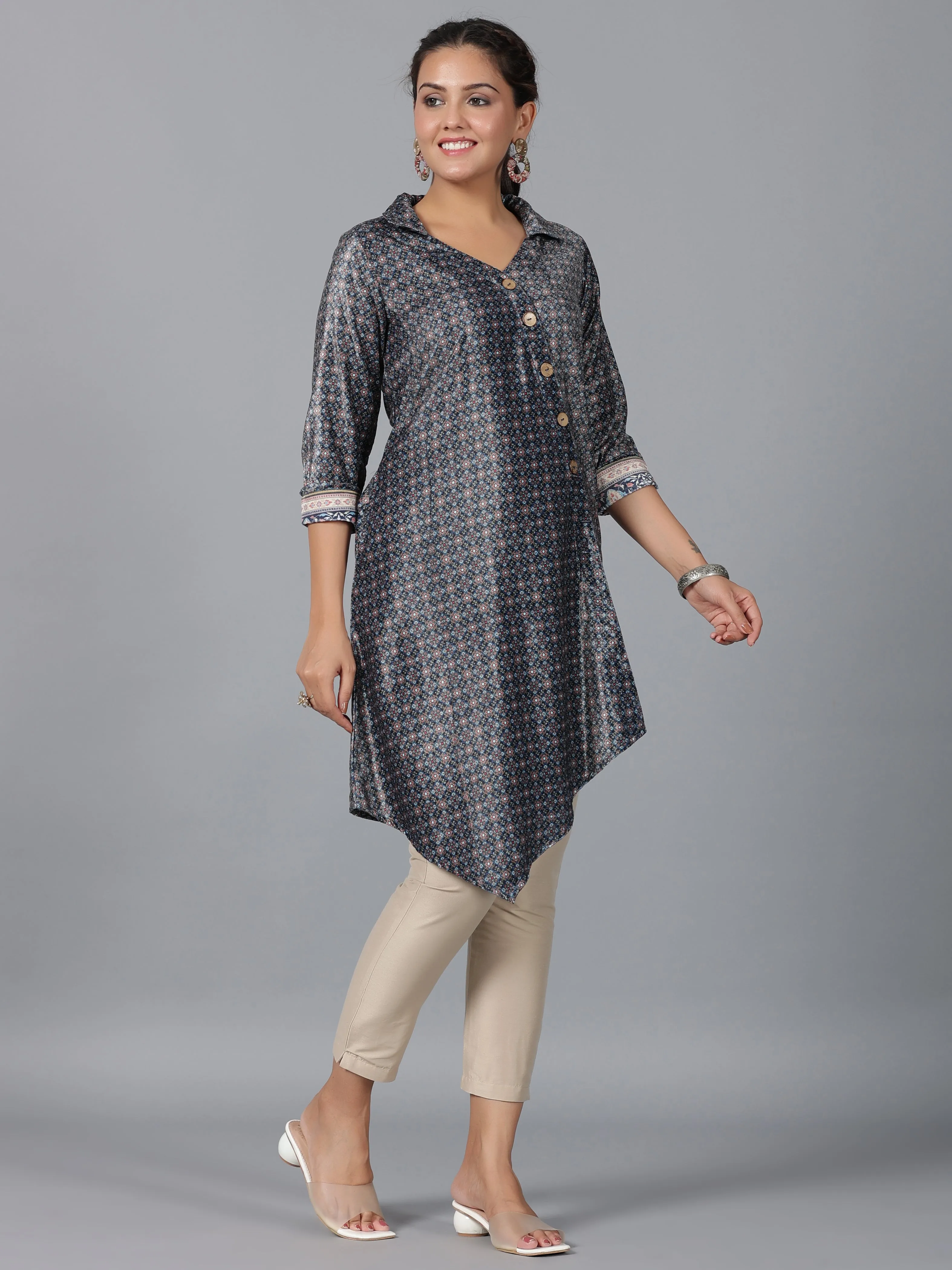 Juniper Green Geometric Printed Velvet Asymmetric Kurta.