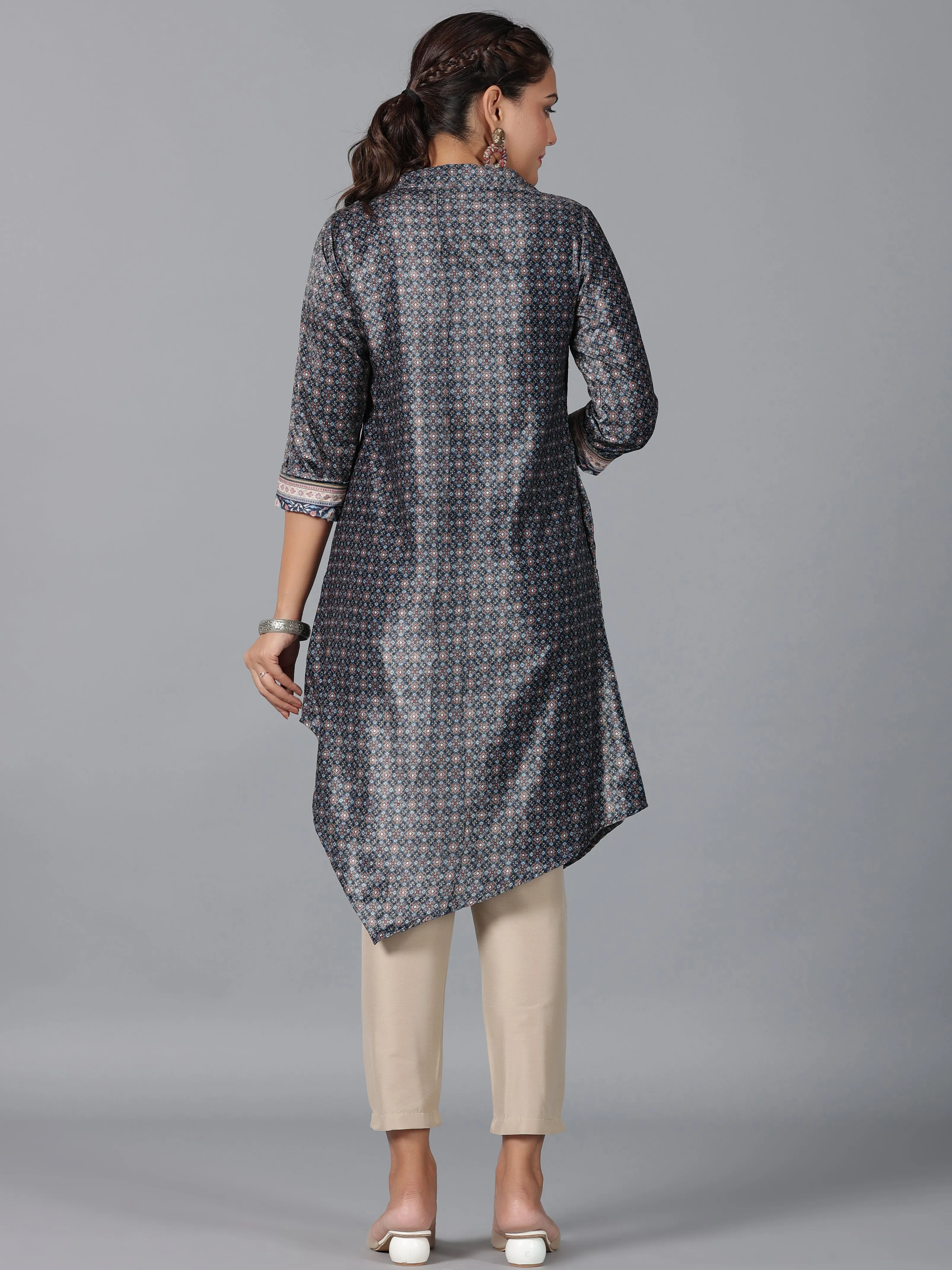 Juniper Green Geometric Printed Velvet Asymmetric Kurta.