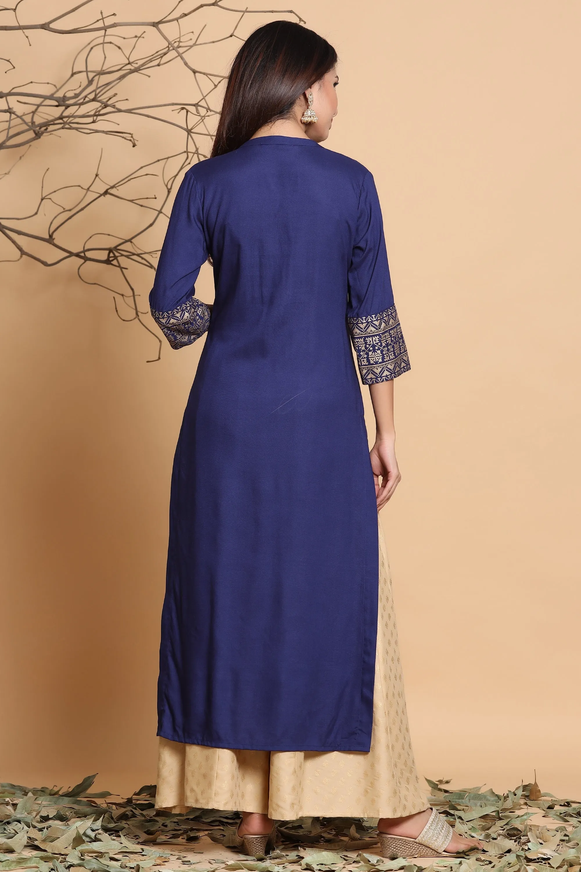 Juniper Indigo Geometric Printed Rayon Kurta with Tassels Detail