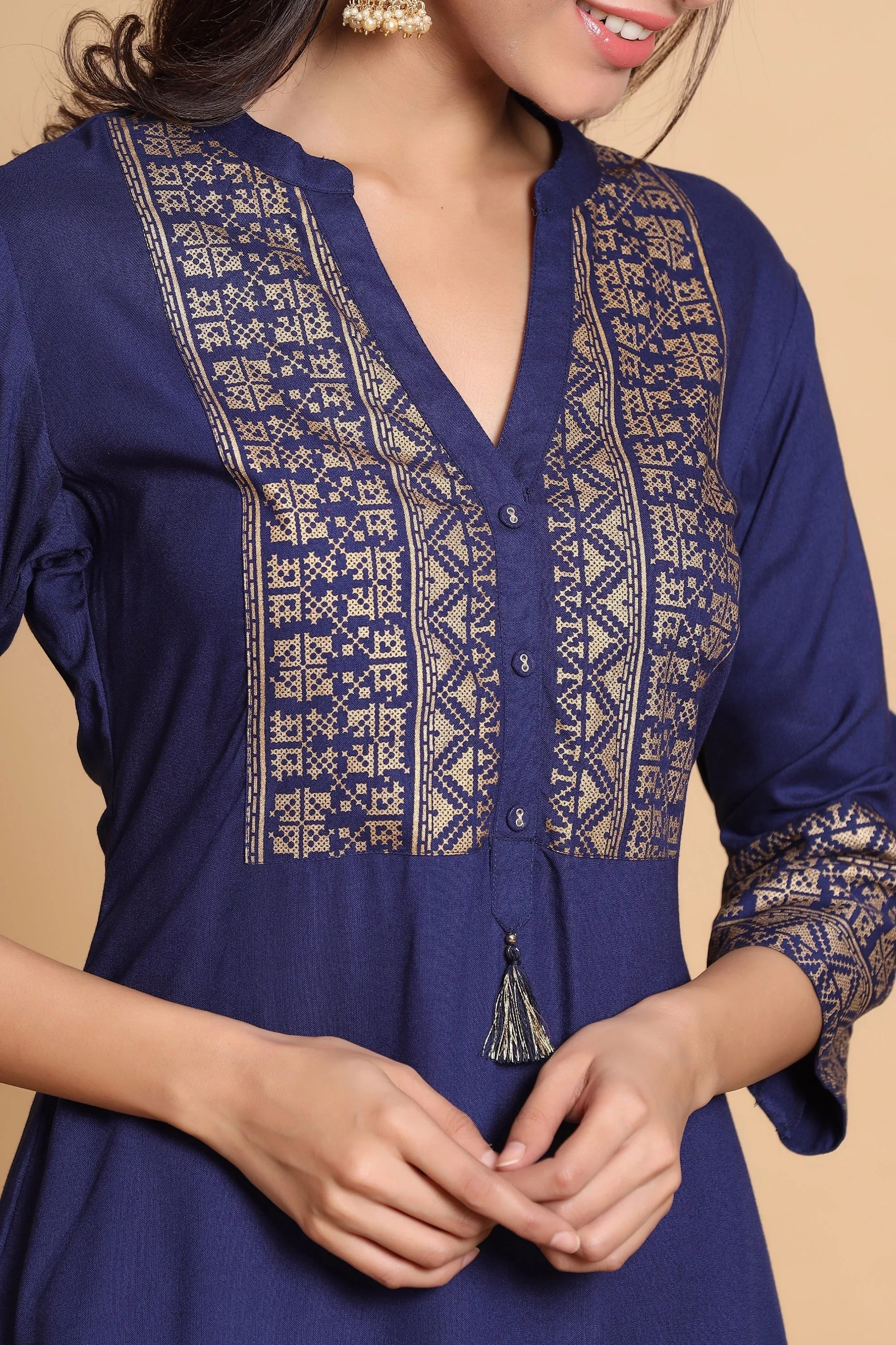 Juniper Indigo Geometric Printed Rayon Kurta with Tassels Detail