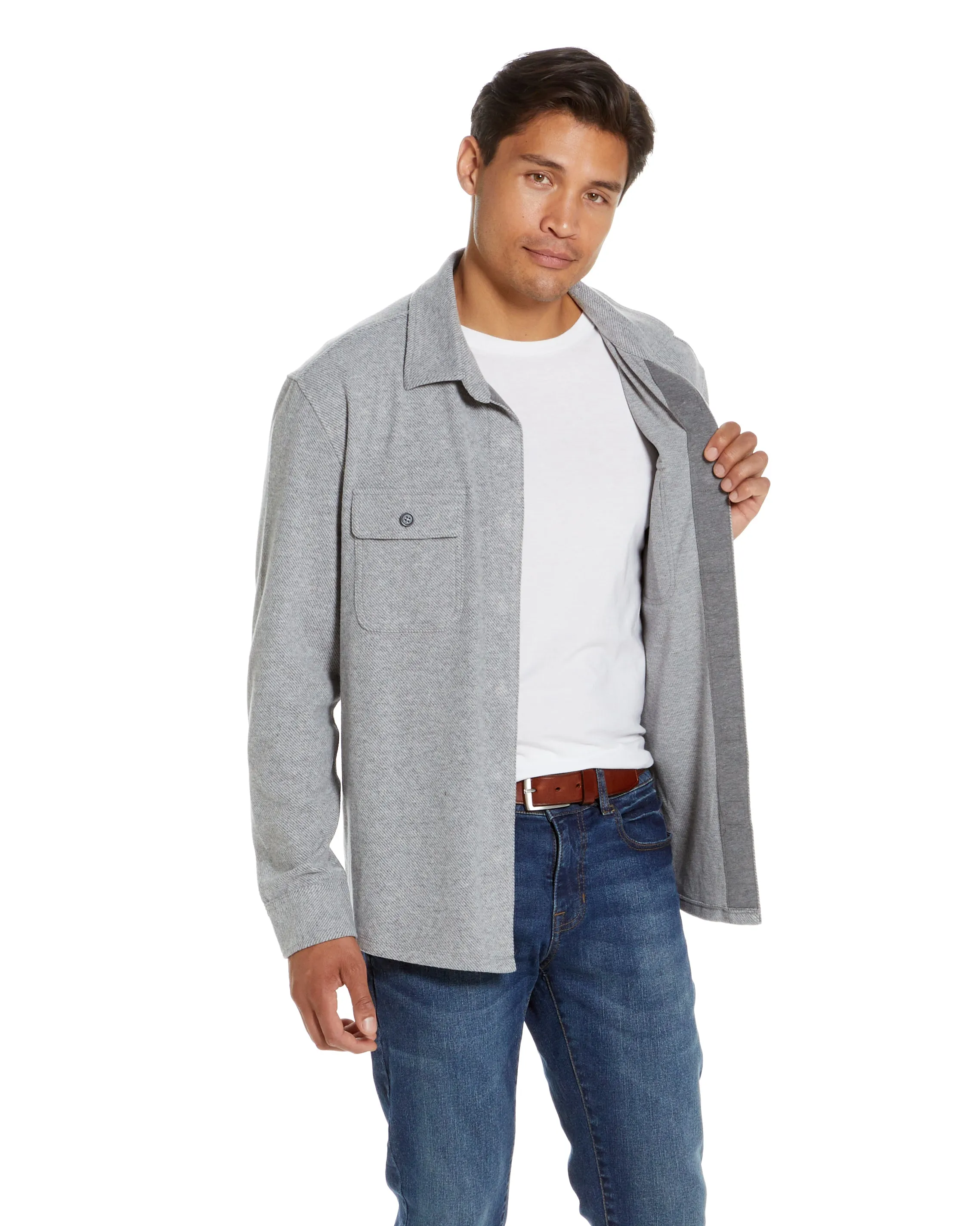 Long Sleeve Light Heather Grey Flannel Shirt Combo Layering Piece with Magnetic Closures