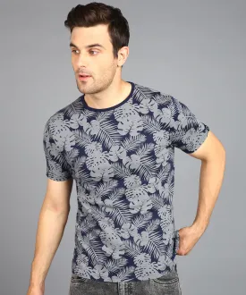 Men's Navy Blue Printed Round Neck Half Sleeve Slim Fit Cotton T-Shirt