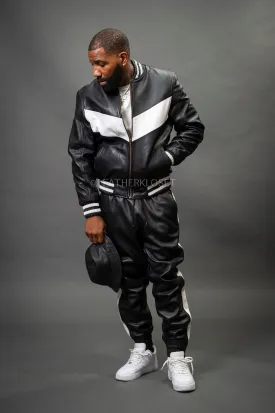 Men's V-Baseball Leather Track Suit Sweatsuit [Black/White]