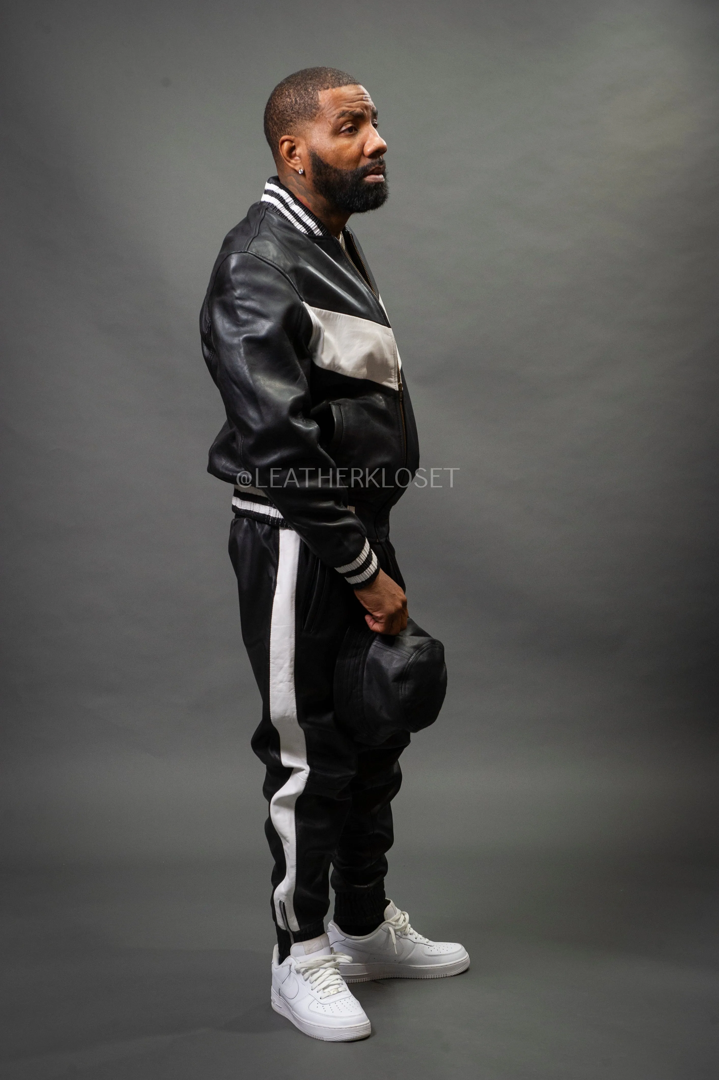 Men's V-Baseball Leather Track Suit Sweatsuit [Black/White]