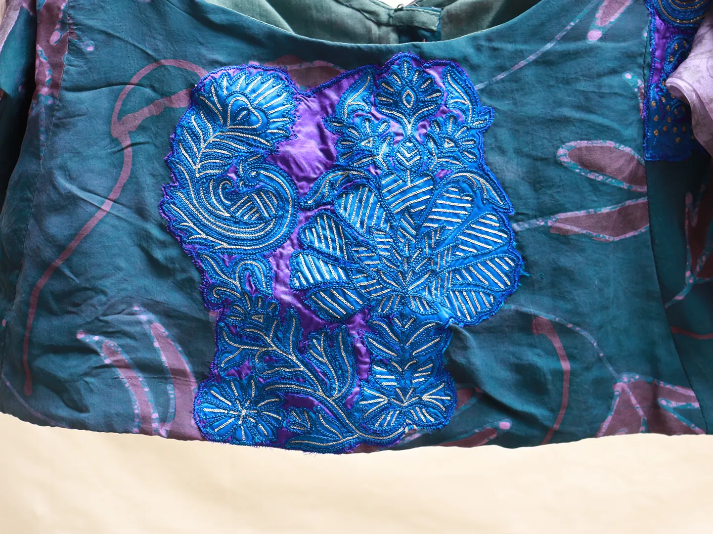 Peacock Blue Karnataka silk, Batik blouse