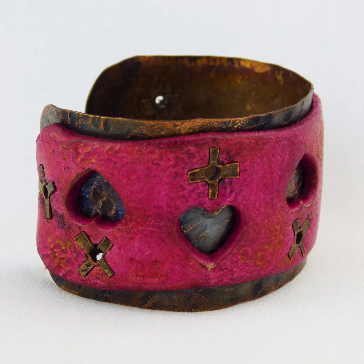 Pink Sorbet Leather and Copper Cuff with Hearts