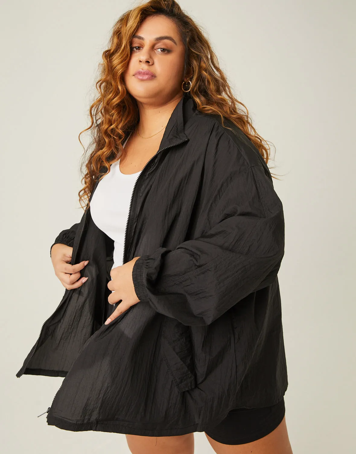 Plus Size Zip Up Windbreaker Jacket