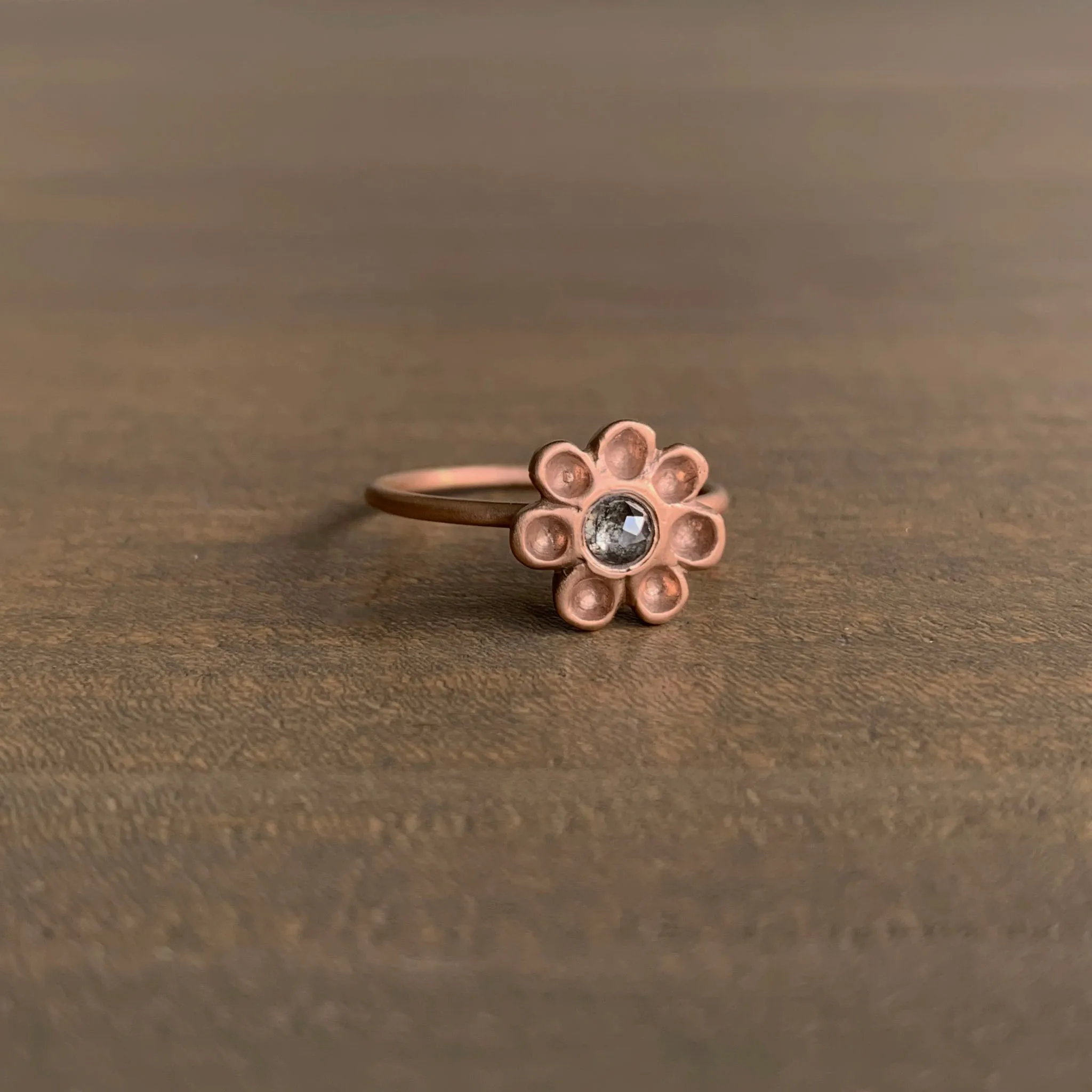 Rose Gold Dahlia Ring with Grey Diamond