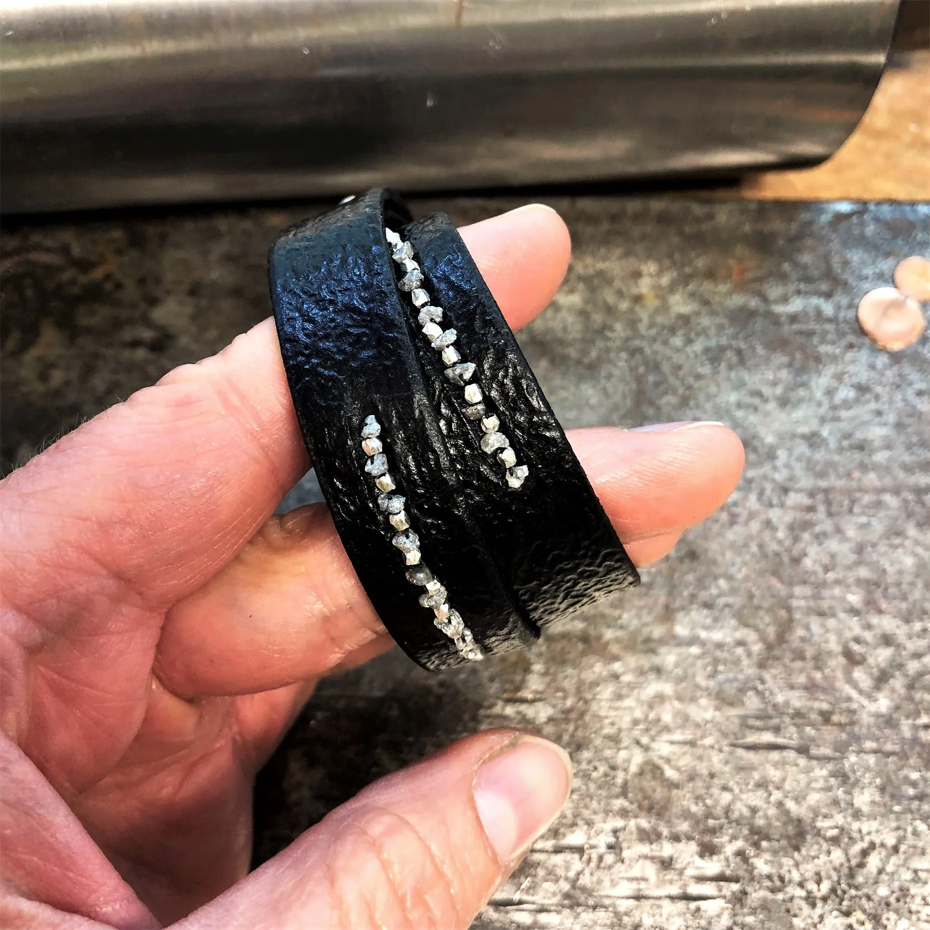 Rough Cut Diamonds and Fine Silver Beads on a Distressed Leather Wrap Bracelet