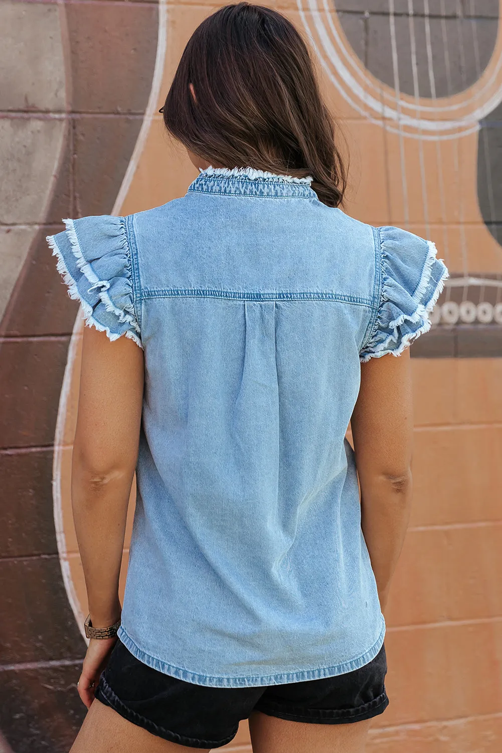 Short Sleeve Button Front Denim Top