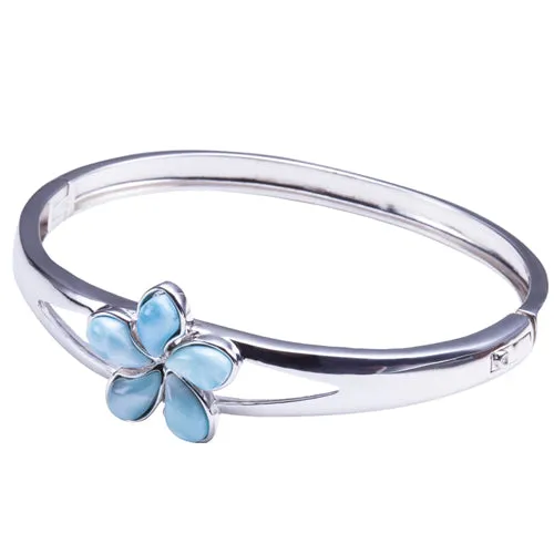 Sterling Silver 20mm Plumeria with Larimar Inlay Open Bangle