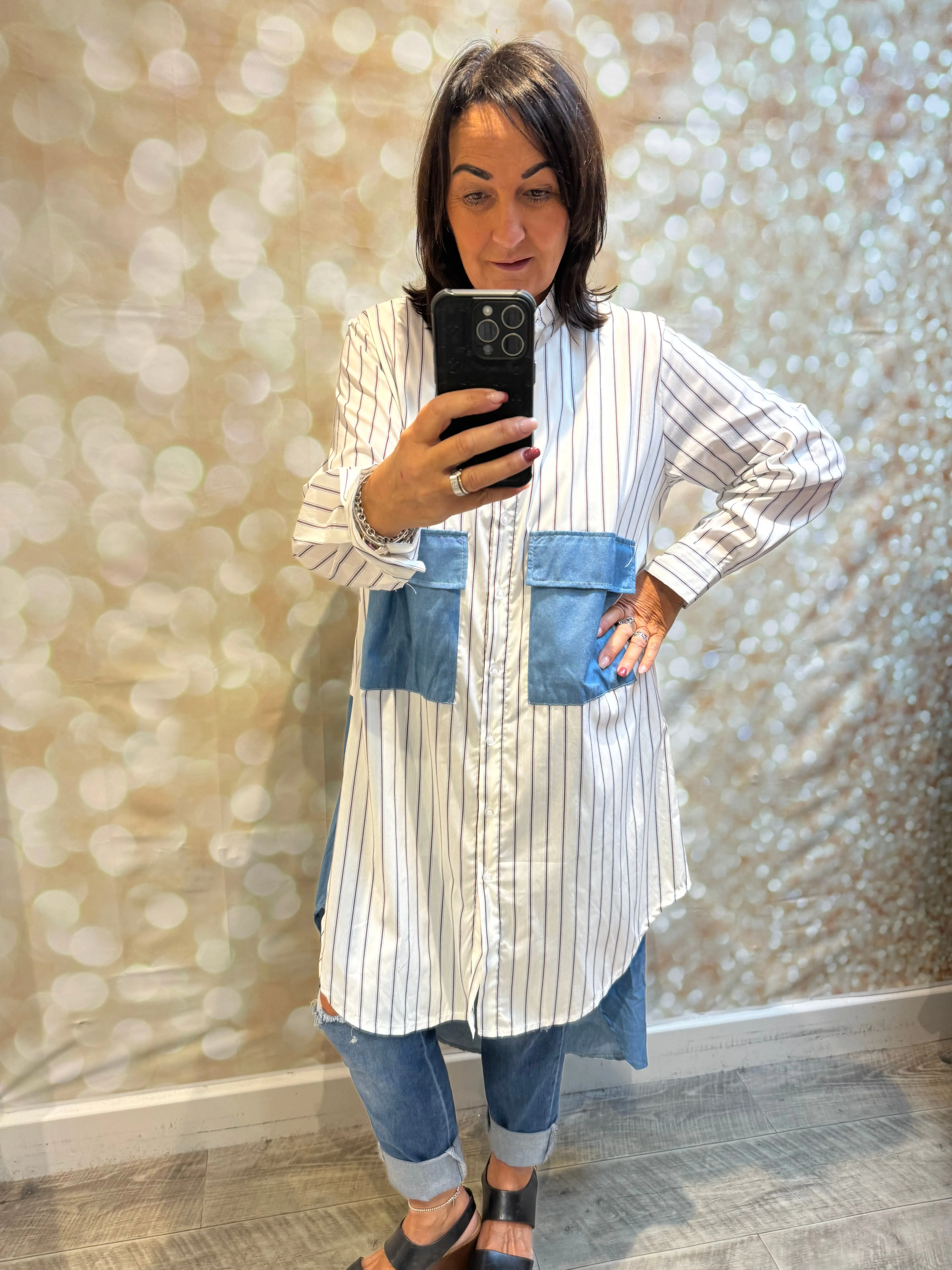 Studio pinstripe/ denim shirtdress