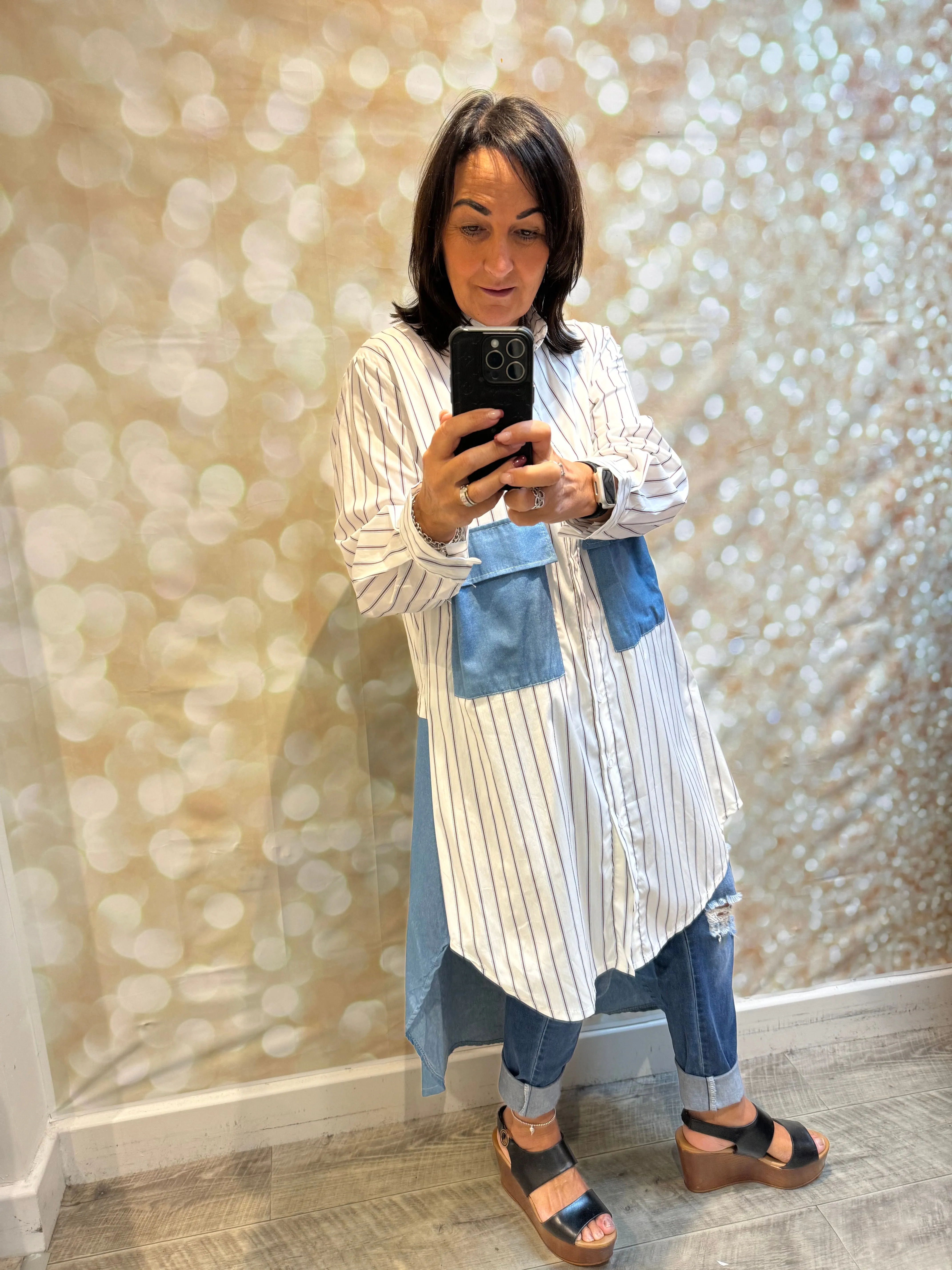 Studio pinstripe/ denim shirtdress