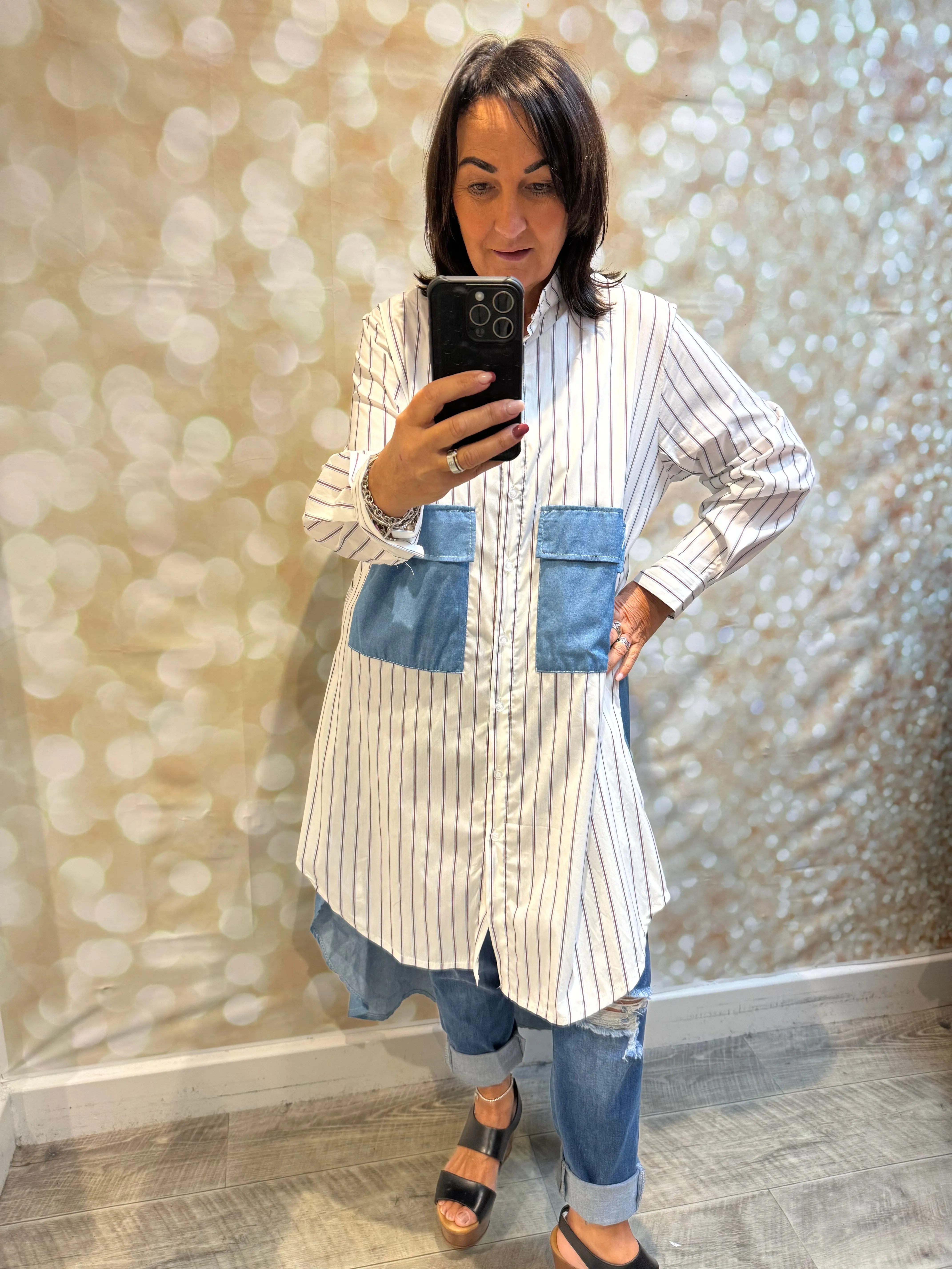 Studio pinstripe/ denim shirtdress