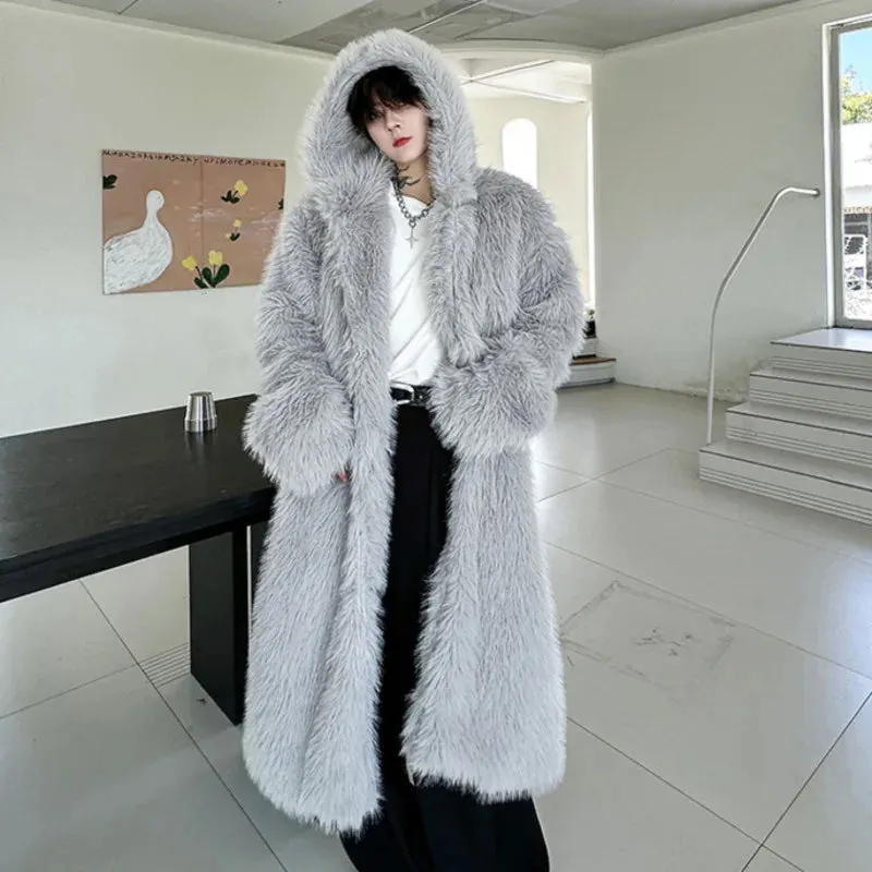 Trend Men's Thickened Mid Length Faux Fur Coat Loose Oversize Winter Fashionable Woolen Windbreaker Over Kenee 9C3168