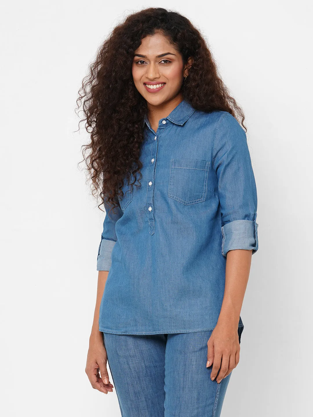 Women's Denim Cotton Viscose Regular Fit Blouse